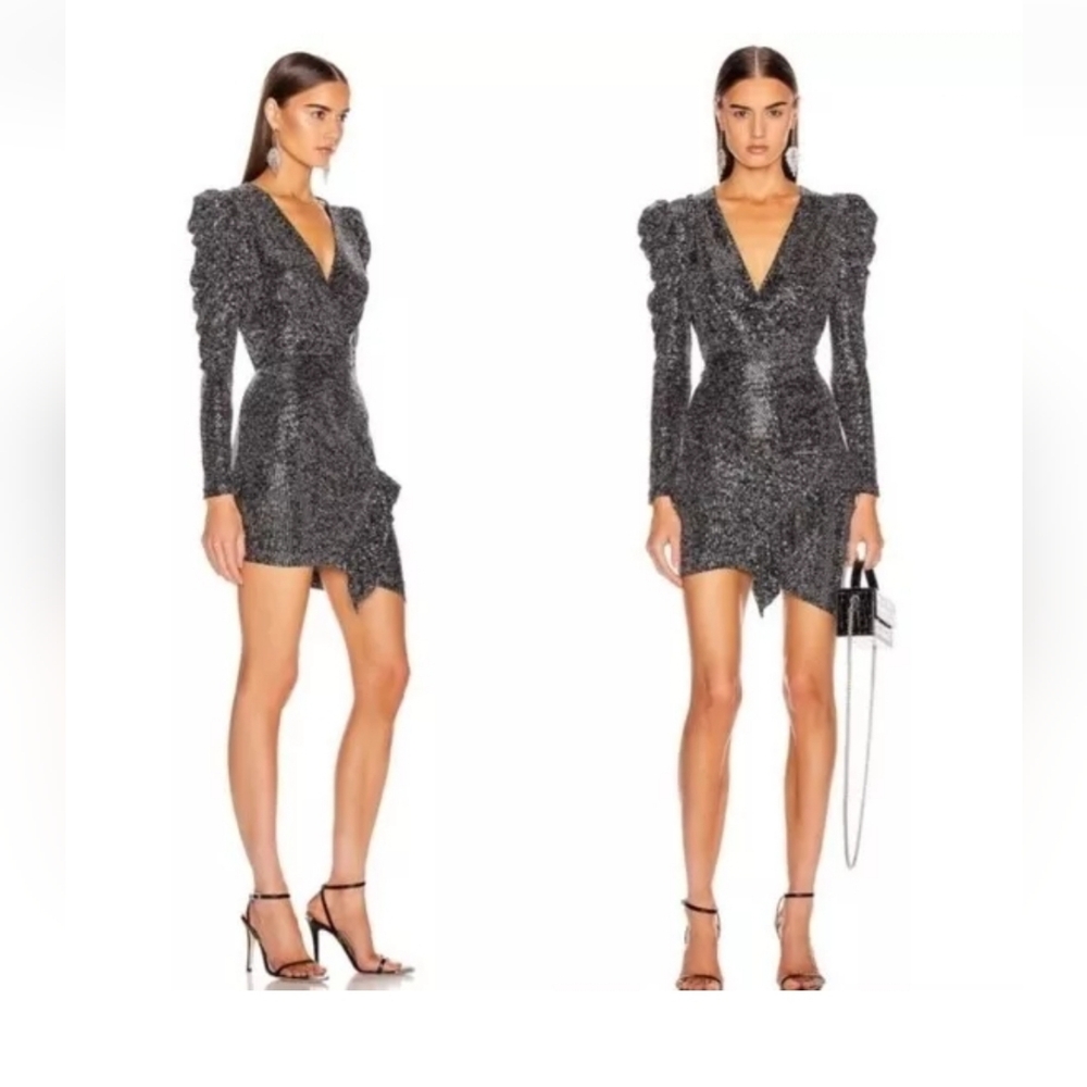 IRO Paris LouLou Sequin Long Sleeve V-neck Mini Dress in Black & Silver‎ Size 38